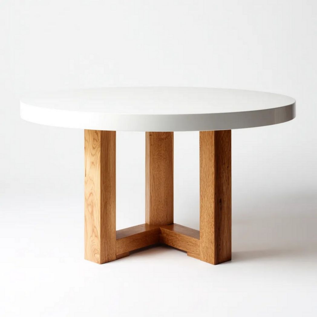 Tafel met ronde witte top voor de eetkamer - Eikenhouten poten - 120 x 120 x 75